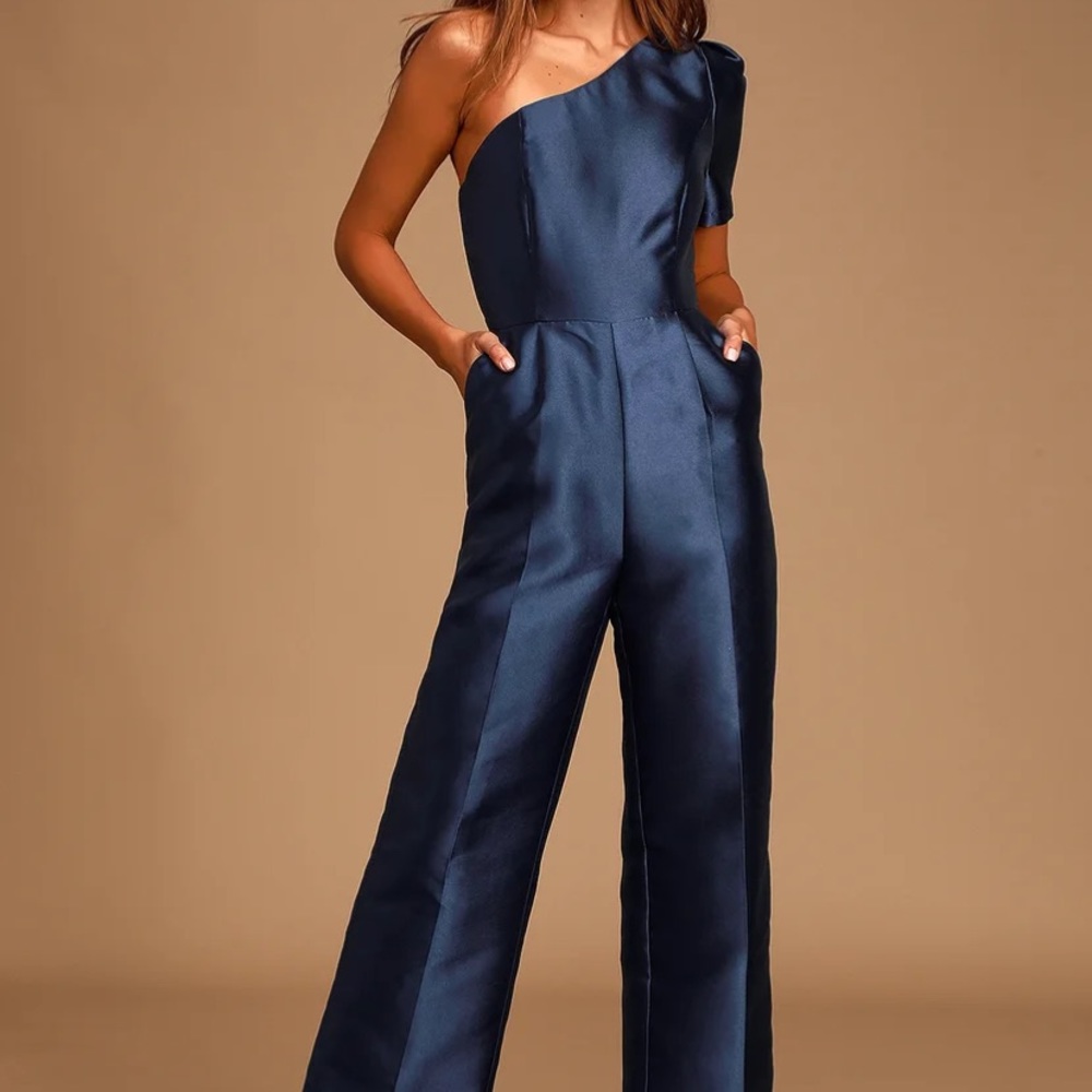 Navy blue satin culotte one shoulder jumpsuit